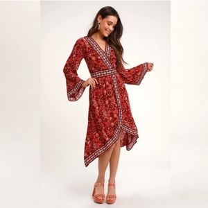 Lulus Daydream Red Floral Bell Sleeve Dress